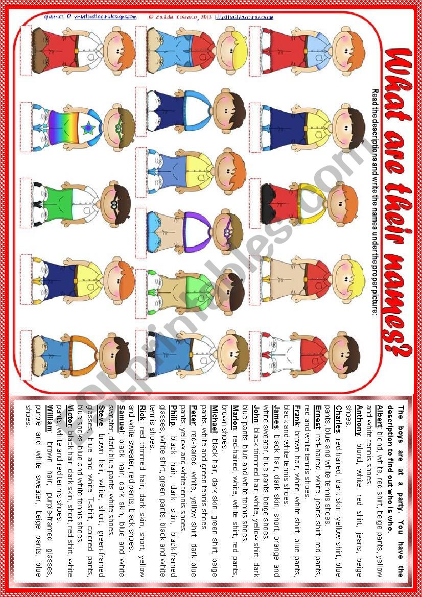 What are their names? - vocabulary (clothes, accessories, appearance, descriptions) + teachers handout with keys [2 pages] *editable